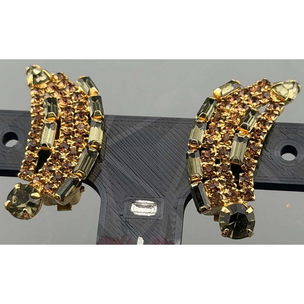 Vintage Kramer of New York Clip Earrings Olive Green Champagne Rhinestone 1.5"